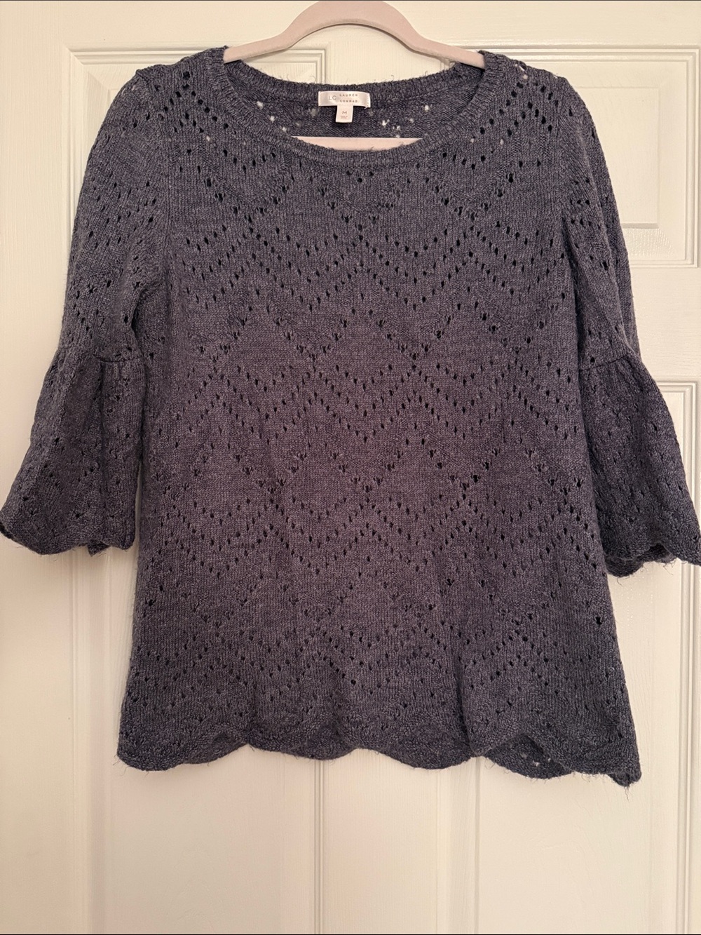 LOFT Gray Pointelle Knit Bell-Sleeve Sweater Top